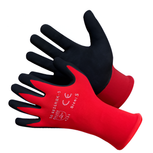13 Gauge Red Nylon & Spandex Shell With Black Sandy Nitrile Coated on Palm